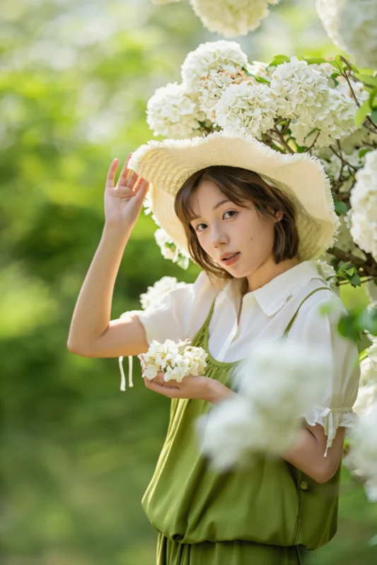 A young woman in a green dress and wide-brimmed hat stands by a blooming white hydrangea bush, holding a cluster of flowers in one hand, with soft sunlight and greenery in the background.