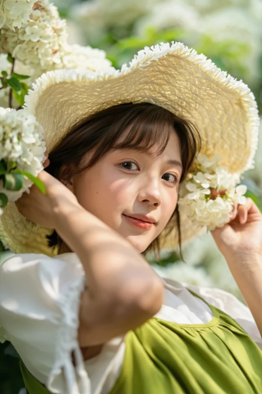 A young woman wearing a straw hat and a green dress poses outdoors among white hydrangea flowers. She gently touches her hat and looks at the camera, surrounded by soft sunlight and blooming greenery.