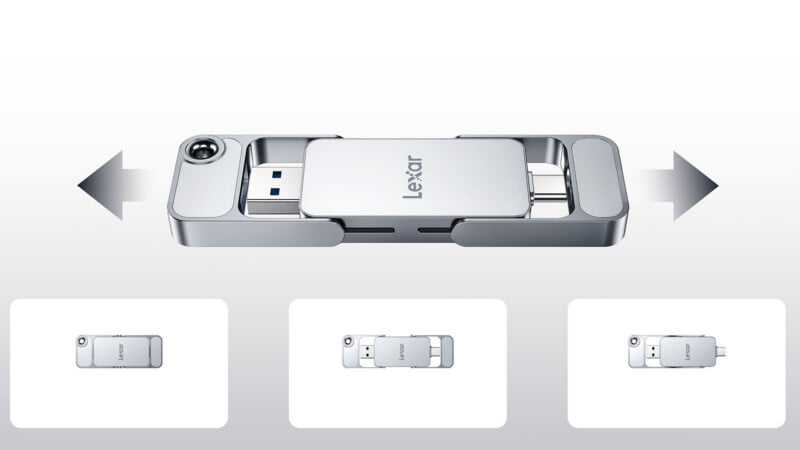 A Lexar USB flash drive with connectors on both ends, shown extended with arrows indicating sliding mechanism. Three smaller images below show different connector configurations.
