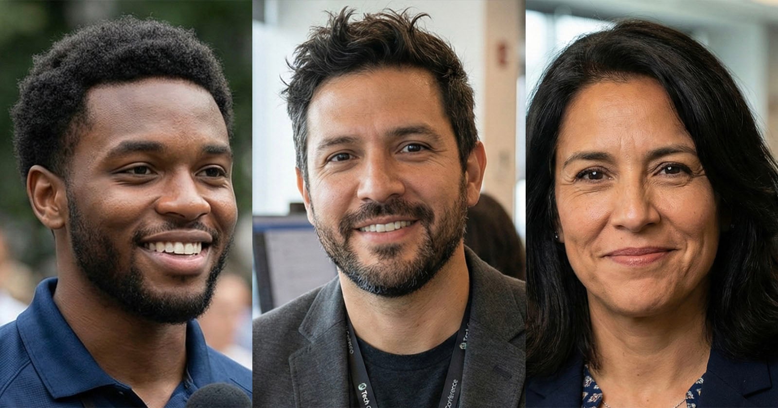 Three people are shown in a split image: a smiling man with short curly hair and a beard, a man with wavy dark hair and a beard, and a woman with long dark hair, all looking at the camera and smiling.