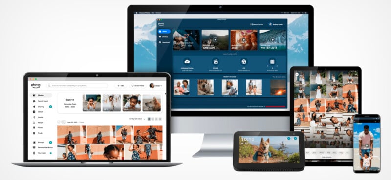 Various devices display different photo management apps, including a desktop, laptop, tablet, smartphone, and smart display, all showing photo galleries and organizational features.