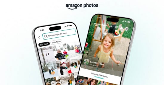 Two smartphones display the Amazon Photos app; one shows a search for "Ellie playing in the snow" with matching photos, while the other displays a smiling girl outdoors with the caption "Summer days.