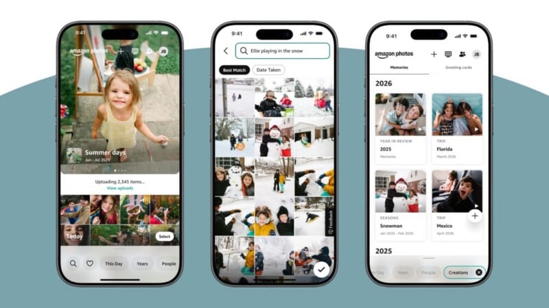 Three smartphones display a photo management app showing summer and winter photos, a search for “Ella playing in the snow,” and organized albums by year and location such as Florida (2026) and Mexico (2025).