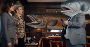 Two women in business attire look surprised at a man in a suit with a large fish head, standing in a wood-paneled room with a giant fish mounted on the wall in the background.
