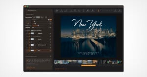 A photo editing software interface shows a night view of New York City with the words “New York” overlaid. Editing tools and sliders appear on the left, image details below, and other photo thumbnails at the bottom.