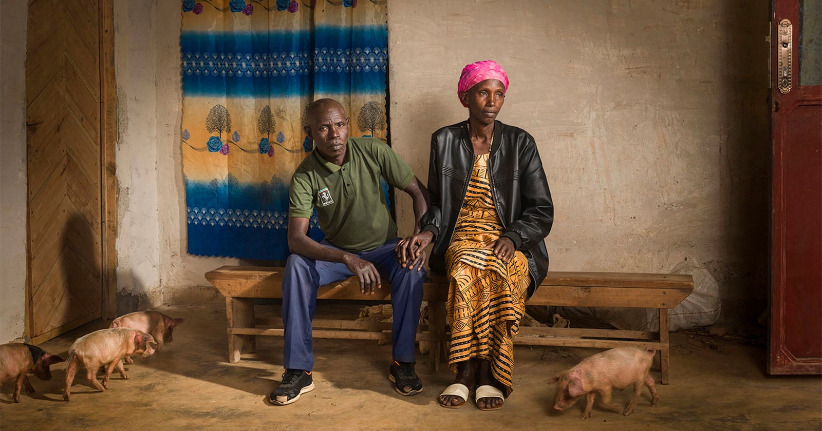 A man and woman sit side by side on a wooden bench indoors, holding hands. The woman wears a pink headscarf and patterned dress, while the man wears a green shirt and blue pants. Several piglets walk on the floor near them.