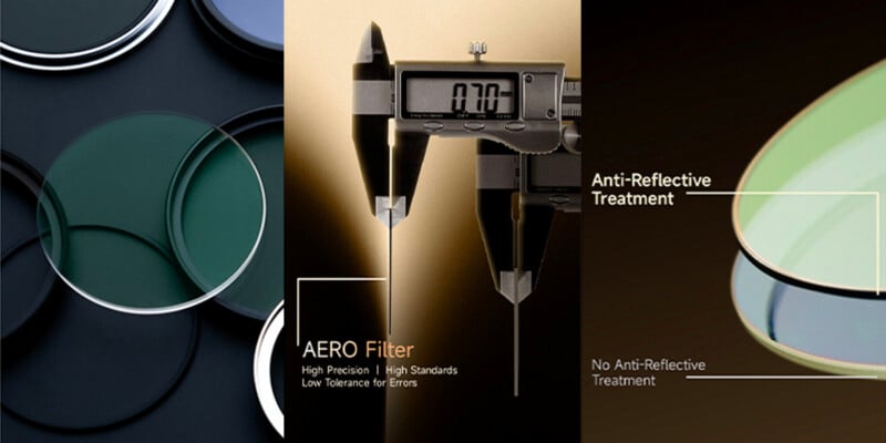 Three panels show camera lens filters: the left displays stacked colored glass filters, the center shows a caliper measuring a filter labeled “AERO Filter,” and the right compares filters with and without anti-reflective treatment.