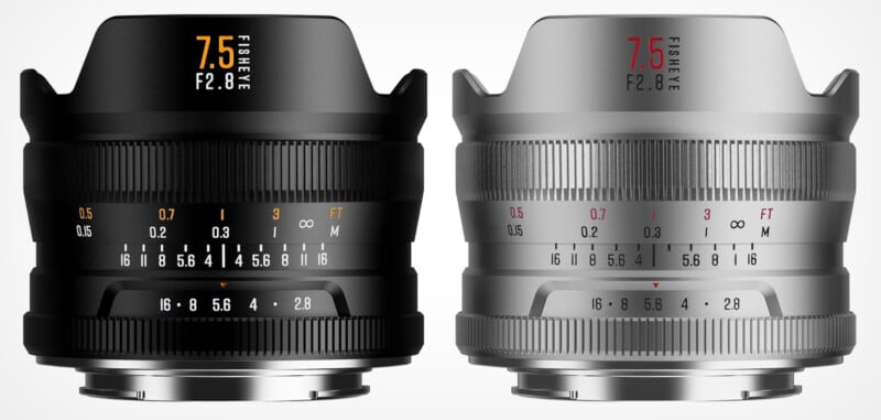Two fisheye camera lenses, one black and one silver, are shown side by side. Both have "7.5 FISHEYE F2.8" markings and detailed distance and aperture scales on their barrels.