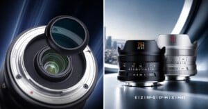 Split image: On the left, a camera lens with a filter being attached. On the right, two wide camera lenses, one black and one silver, with model details and compatible mounts listed below.