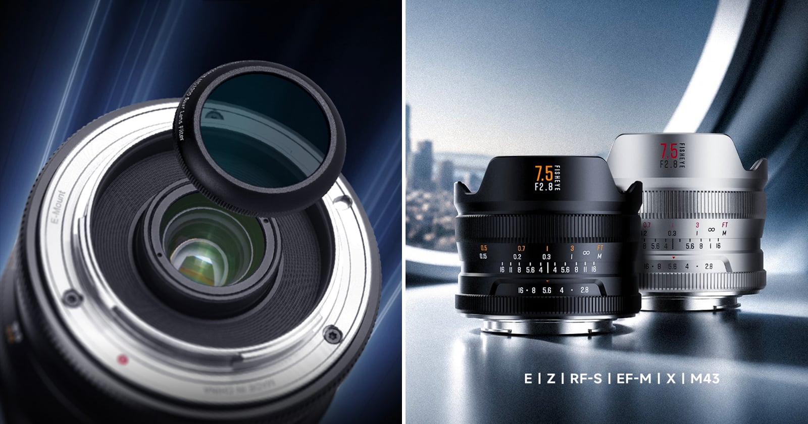 Split image: On the left, a camera lens with a filter being attached. On the right, two wide camera lenses, one black and one silver, with model details and compatible mounts listed below.