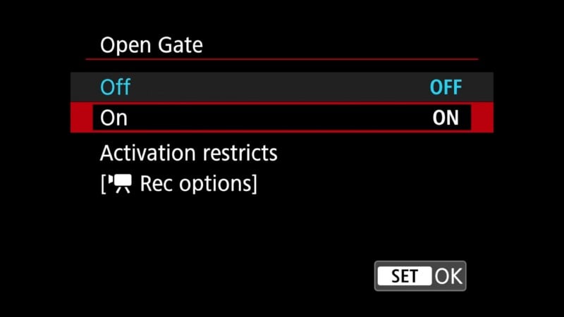 Camera menu screen showing the "Open Gate" option with "Off" selected, and "On" also available. Below, a note says "Activation restricts [Rec options]". Buttons for "SET" and "OK" are at the bottom right.