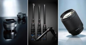 A trio of images showing different camera lenses: a compact lens with a wide mount, three tube-shaped macro probe lenses, and a large telephoto lens on a reflective surface, all against a blue-grey background.