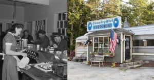 A black-and-white photo of a waitress serving men at a diner counter is beside a color photo of the exterior of Country Girl Diner, featuring an American flag and potted flowers.