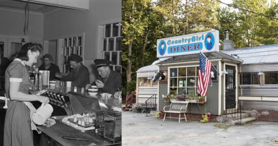 A black-and-white photo of a waitress serving men at a diner counter is beside a color photo of the exterior of Country Girl Diner, featuring an American flag and potted flowers.