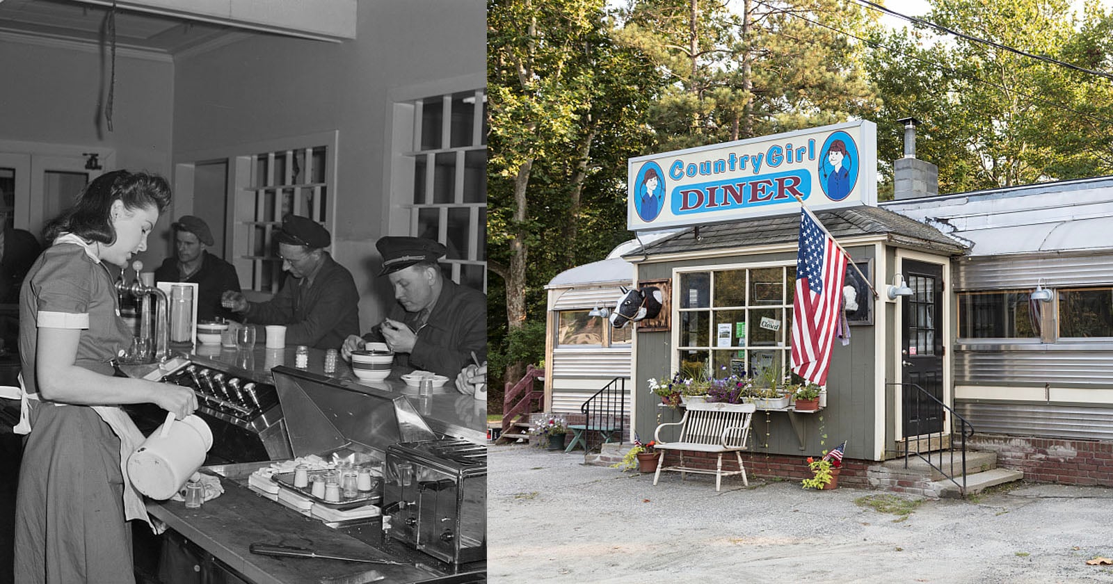 A black-and-white photo of a waitress serving men at a diner counter is beside a color photo of the exterior of Country Girl Diner, featuring an American flag and potted flowers.