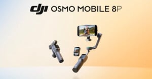 DJI Osmo Mobile 8P gimbal shown holding a smartphone with a selfie video, along with two other camera devices, against a gradient background with the DJI logo and product name at the top.