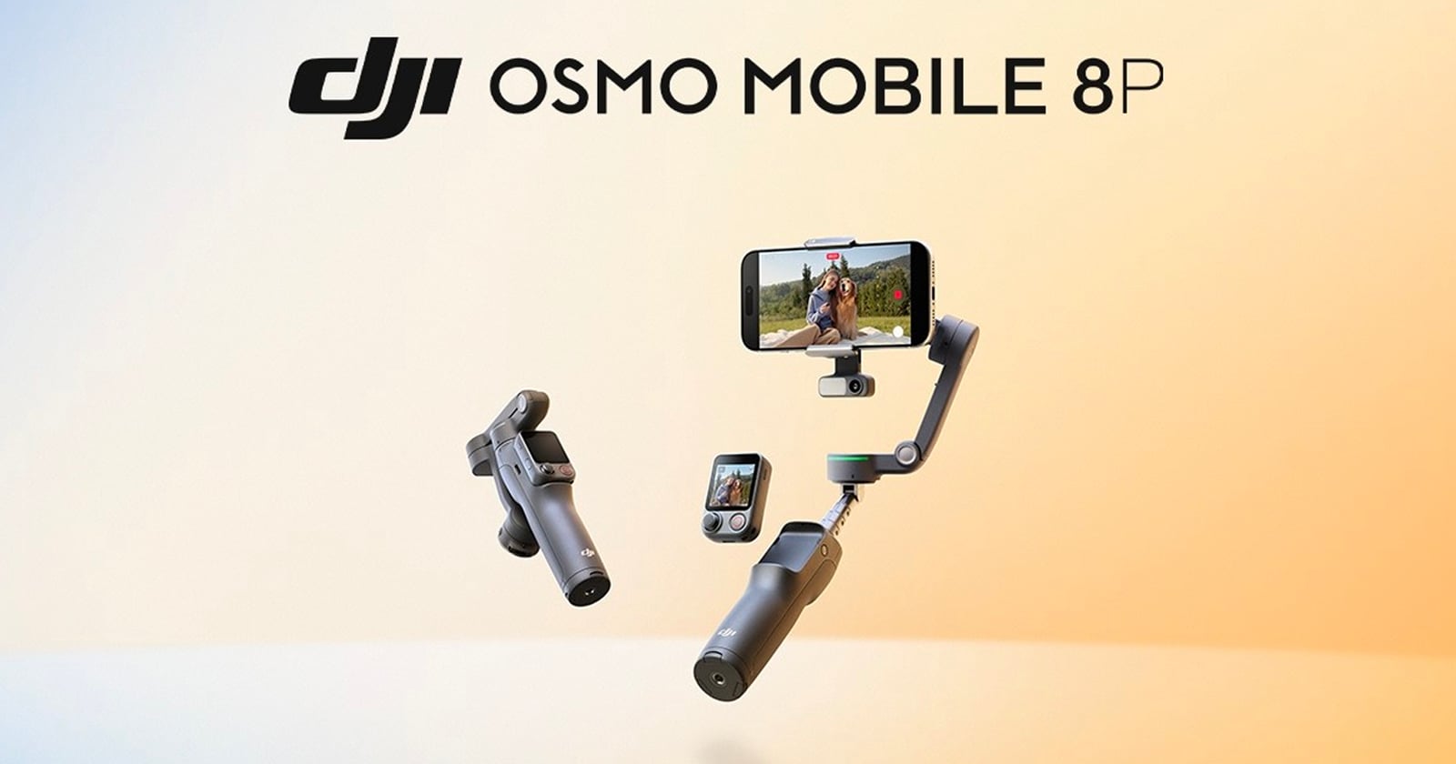 DJI Osmo Mobile 8P gimbal shown holding a smartphone with a selfie video, along with two other camera devices, against a gradient background with the DJI logo and product name at the top.