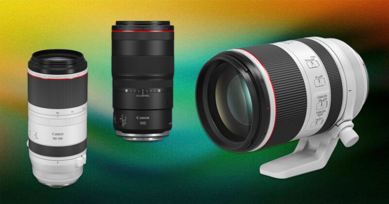 Three Canon telephoto camera lenses are displayed against a vibrant, gradient background of yellow, green, and blue hues. The lenses are shown from different angles, highlighting their design and features.