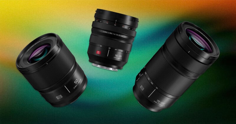 Three black camera lenses are displayed against a vibrant, blurred orange, green, and yellow background. The lenses are labeled 50mm, 16-35mm, and 70-300mm, with each lens angled differently.
