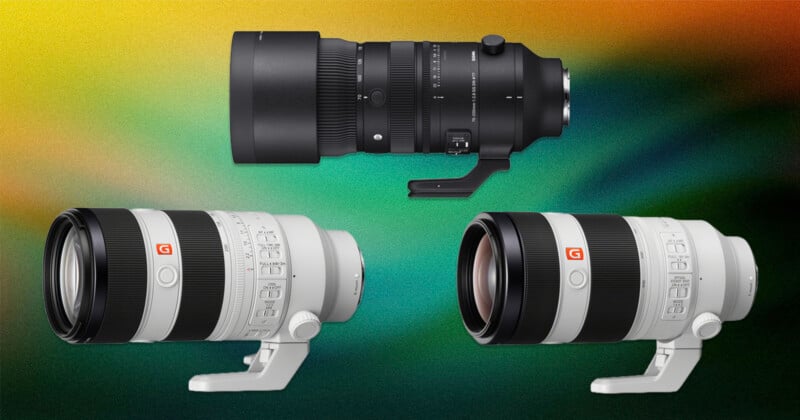 Three large camera telephoto lenses, two white and one black, are displayed on a gradient background of green, orange, and yellow. The black lens is positioned above the two white lenses, all with tripod mounts attached.