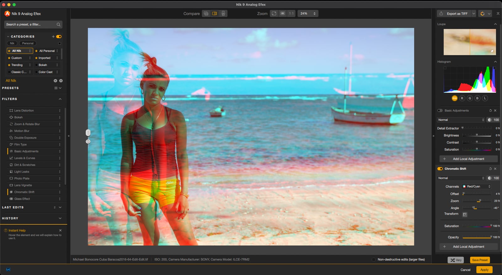 A photo editing software window displays a beach image with two overlapping, semi-transparent versions of a woman standing on the sand, creating a double exposure effect. Editing tools and adjustment panels are visible on the sides.