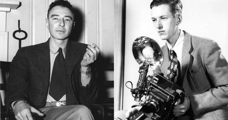  on the left, a man in a suit sits holding a cigarette; on the right, another man in a suit holds a vintage camera with a large flash attachment.