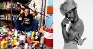 On the left, a man sits among colorful paint bottles and tools in a messy studio. On the right, a shirtless man in a fur hat poses with one hand on his face against a white backdrop.