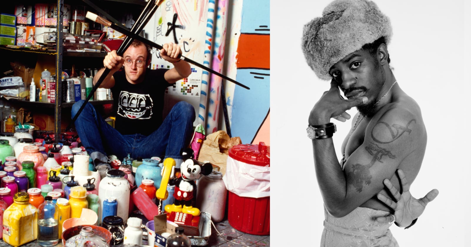 On the left, a man sits among colorful paint bottles and tools in a messy studio. On the right, a shirtless man in a fur hat poses with one hand on his face against a white backdrop.