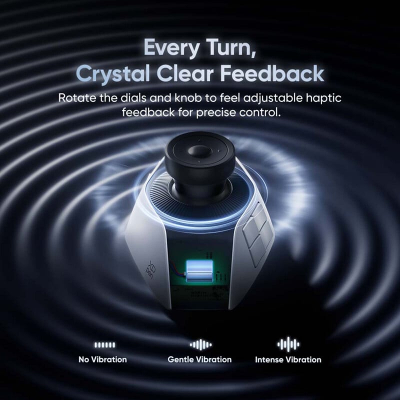 A futuristic control device with a central knob emits circular waves. Text reads, “Every Turn, Crystal Clear Feedback—Rotate the dials and knob to feel adjustable haptic feedback for precise control.” Three vibration levels are shown.