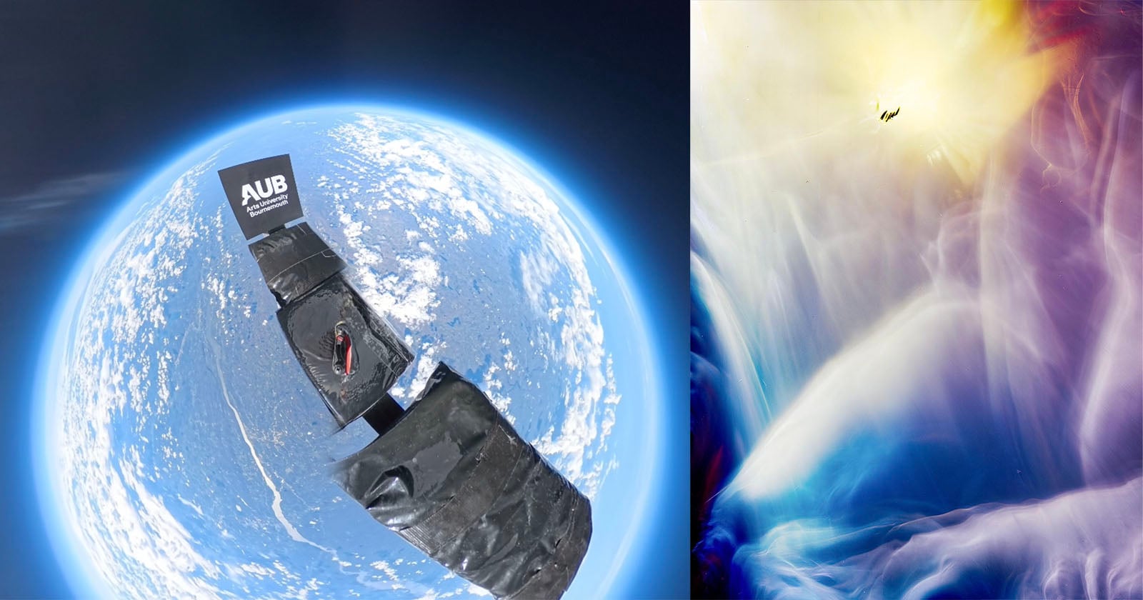 A small black satellite with “AUB” on its fin orbits above Earth’s blue surface; beside it, a vibrant abstract image features swirling light and colors, evoking space or energy.