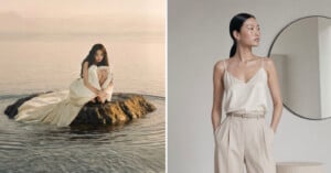 On the left, a woman in a flowing white dress sits on a small rock in calm water. On the right, a woman in a silky cream camisole and beige pants stands indoors near a round mirror, looking to the side.