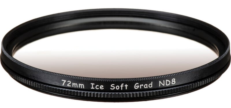 A round 72mm camera lens filter labeled "72mm Ice Soft Grad ND8" with a black metal frame and a slightly tinted glass.