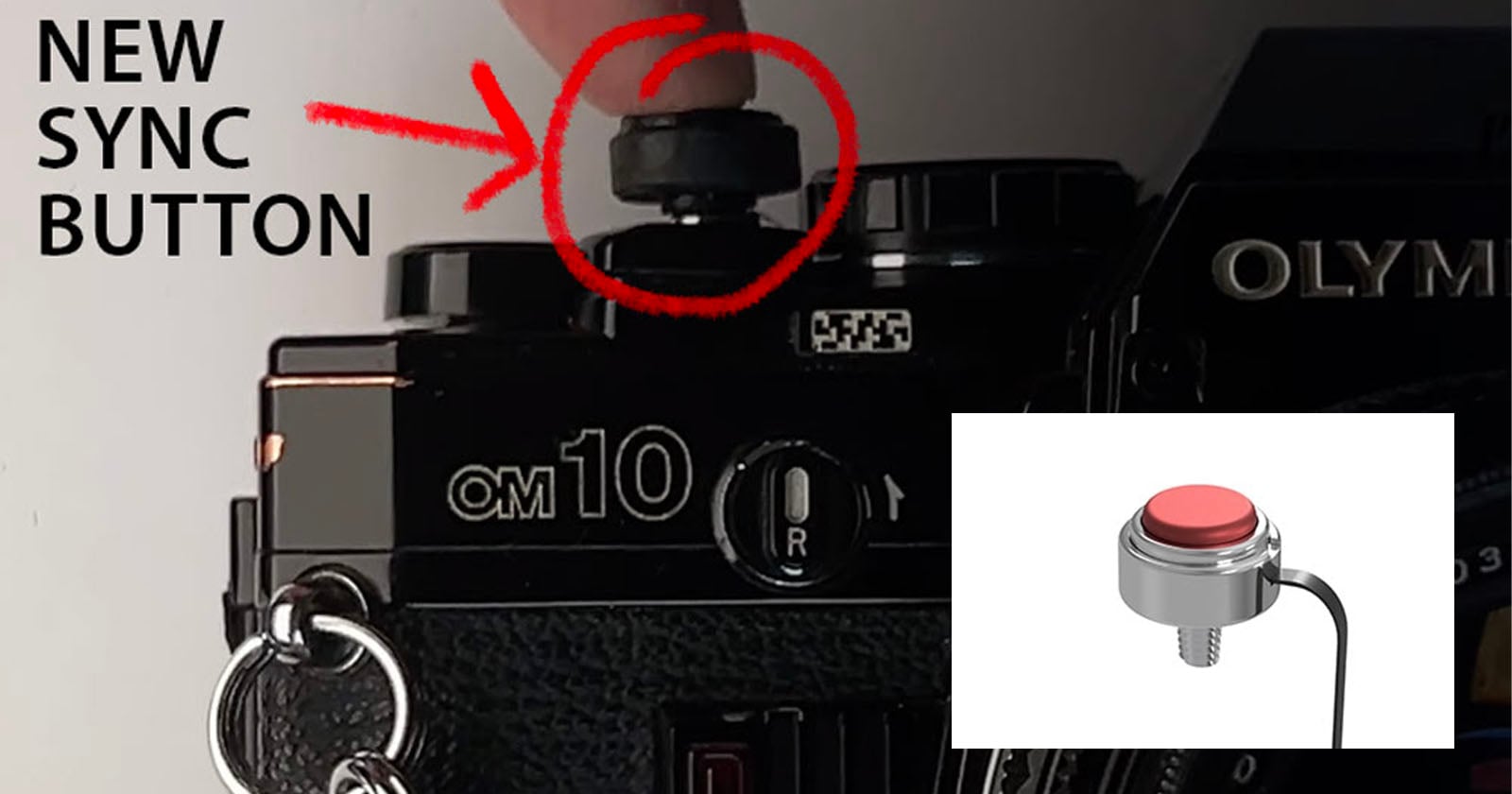 A close-up of a black Olympus OM10 camera with a red arrow pointing to a new black sync button on top; an inset shows a small red push button switch. Text reads "NEW SYNC BUTTON.