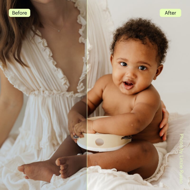A split image shows a “Before” and “After” comparison. On the left, a woman in a white dress is partially visible. On the right, a smiling baby sits holding a round object, with brighter, enhanced colors. Text reads “Photo by Linzie Russo.”.