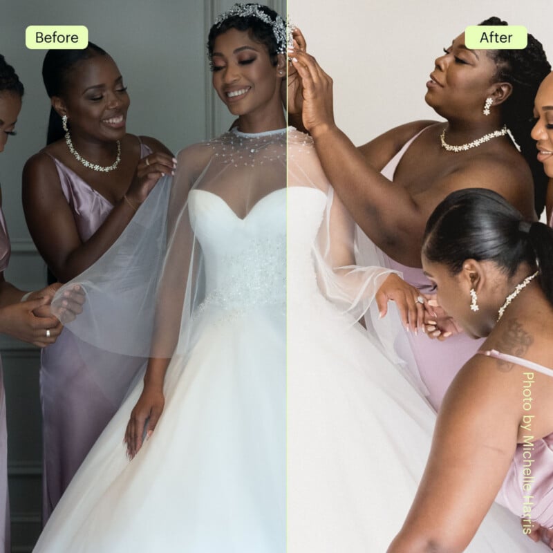 A bride in a white gown smiles as bridesmaids in lavender dresses help adjust her veil; the image is split, showing "Before" on the left and "After" on the right, with lighting and color enhanced on the right.