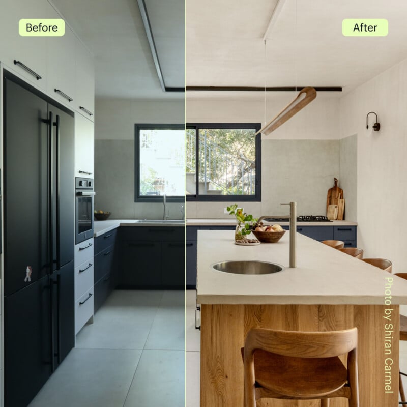 Split-view of a kitchen remodel, showing a darker, modern kitchen on the left ("Before") and a brighter, updated kitchen with wood accents and a large island on the right ("After"). Text credits photo to Shiran Carmel.