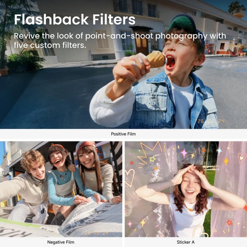 A collage showcases flashback photo filters: a boy eating an ice cream in sunlight, three friends smiling outdoors, and a girl smiling with her hands on her head, surrounded by doodle-like decorations.