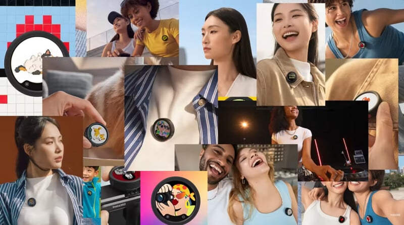 A collage of people smiling and wearing round pins with colorful cartoon designs, including animals and abstract art, on their clothes. The lively background features varied outdoor and indoor scenes.