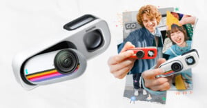 A close-up of an Insta360 camera is shown on the left, with a collage of two smiling people holding the camera and posing for photos on the right. The background is light and minimalistic.