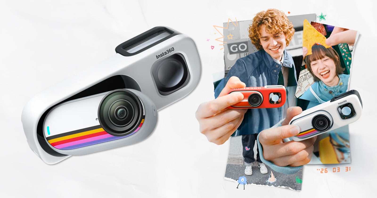 A close-up of an Insta360 camera is shown on the left, with a collage of two smiling people holding the camera and posing for photos on the right. The background is light and minimalistic.