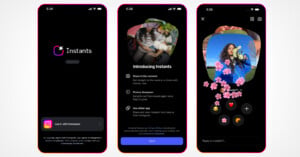 Three smartphone screens show the Instants app: a login page, an introduction screen about sharing photos that disappear, and a photo reply screen with creative flower stickers and emoji reactions.
