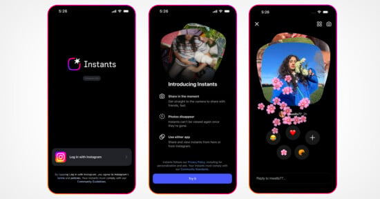 Three smartphone screens show the Instants app: a login page, an introduction screen about sharing photos that disappear, and a photo reply screen with creative flower stickers and emoji reactions.