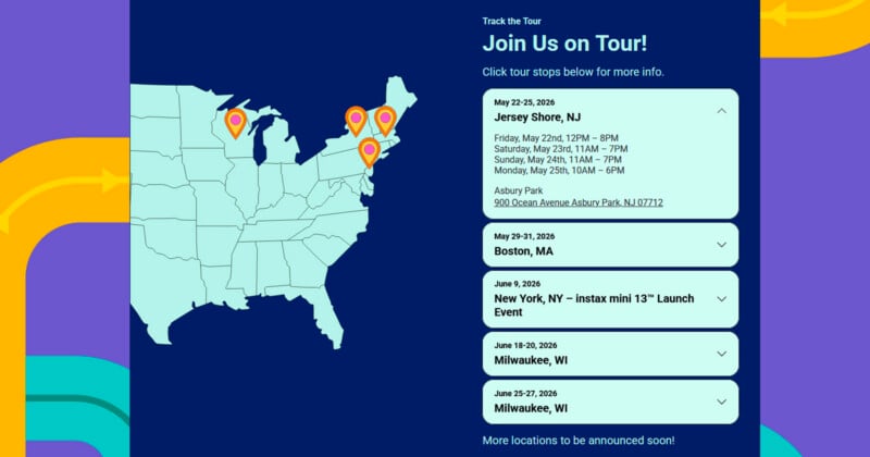 A U.S. map with five location pins highlights tour stops. On the right, tour dates and cities are listed: Jersey Shore, Asbury Park, Boston, New York, and Milwaukee, with more locations to be announced.