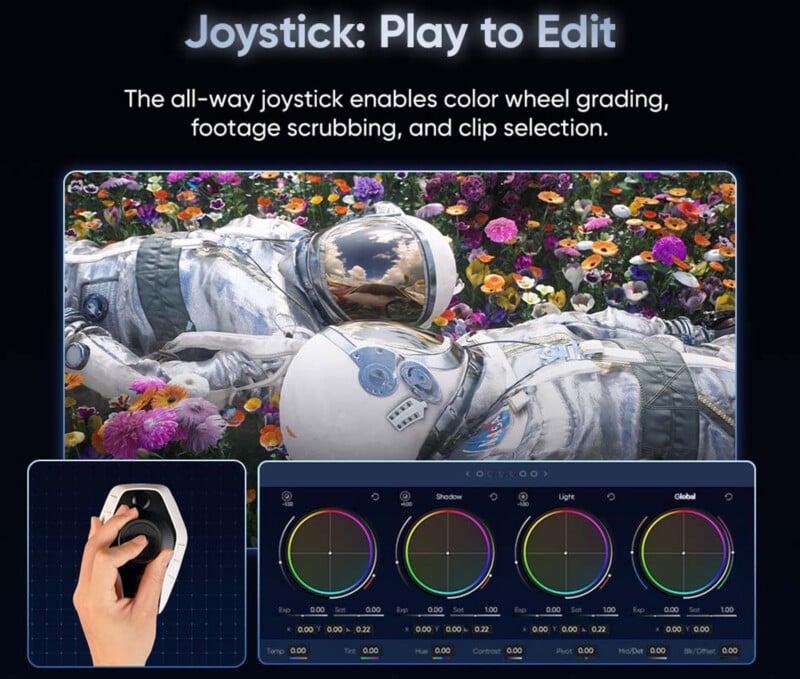 A hand operates a joystick for editing, shown below a screen with two astronauts lying in colorful flowers. At the bottom, four color grading wheels labeled Shadow, Light, and Global are displayed.