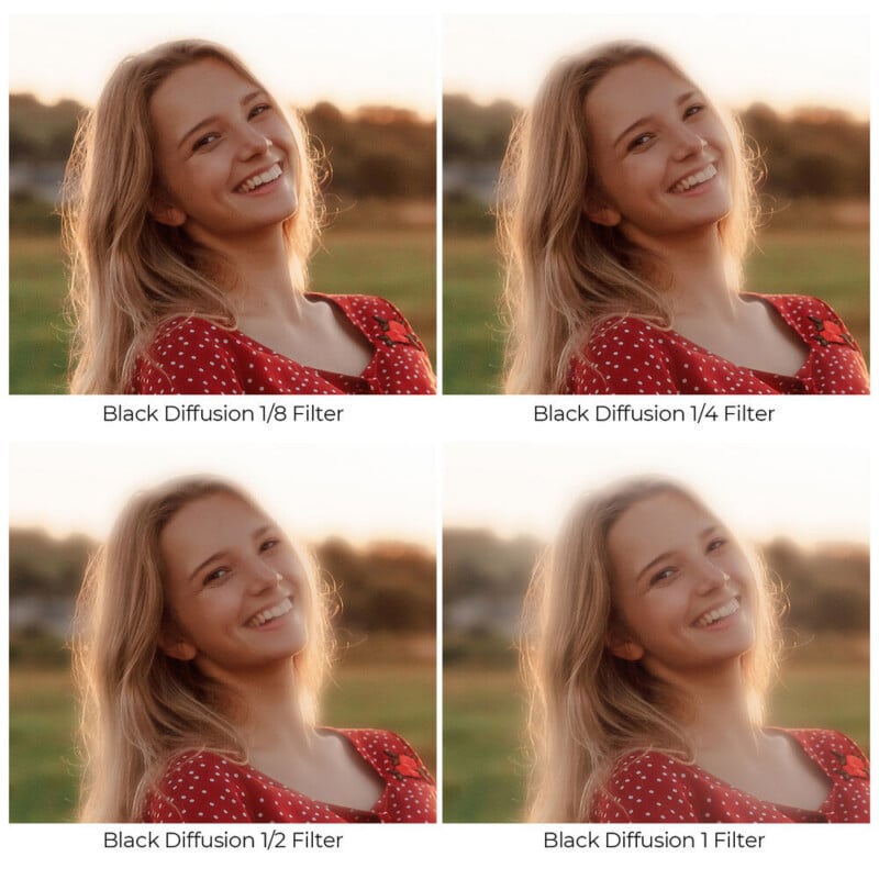 A young woman in a red polka-dot top smiles outdoors, shown in four images with increasing softness: Black Diffusion 1/8, 1/4, 1/2, and 1 filter, making the image progressively more diffused and dreamy.