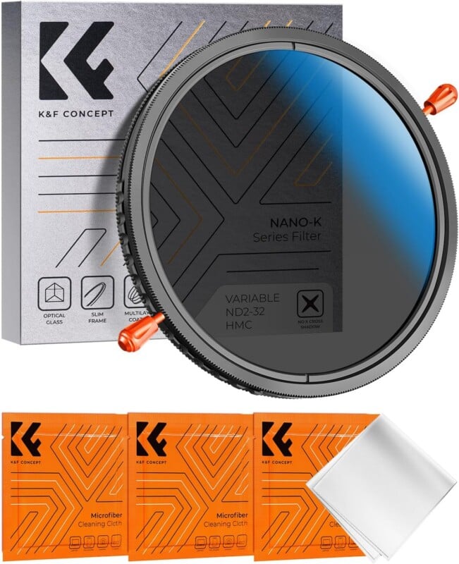 K&F Concept Nano-K Series variable ND2-32 camera lens filter with two orange handles, its packaging box, three orange microfiber cleaning cloth packets, and one unfolded cleaning cloth.