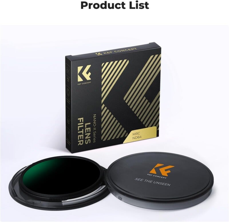 A Nano-X Series lens filter by K&F Concept is shown with its black and gold packaging standing upright, and the round filter itself displayed in a protective black case labeled "SEE THE UNSEEN.