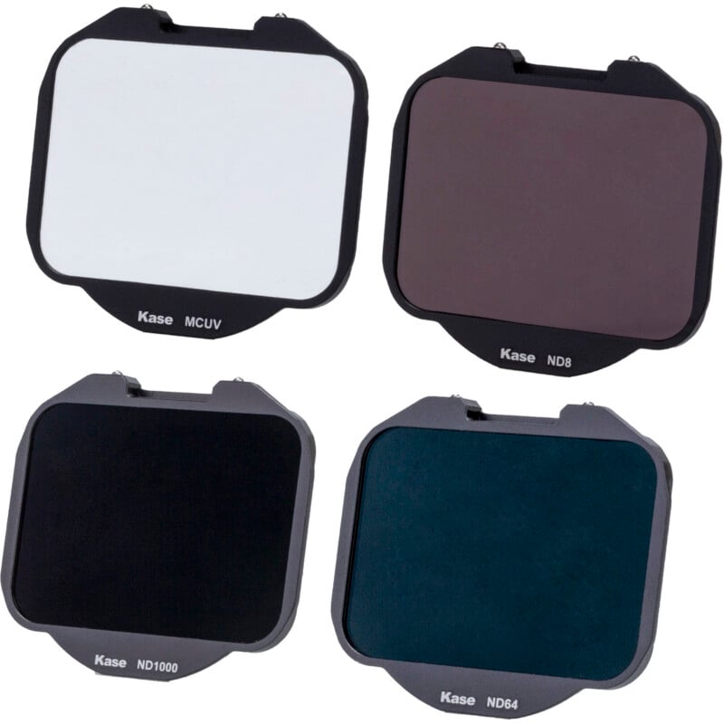 Four rectangular camera lens filters labeled Kase MCUV, Kase ND8, Kase ND1000, and Kase ND64 are displayed against a white background, each with different levels of light filtering.