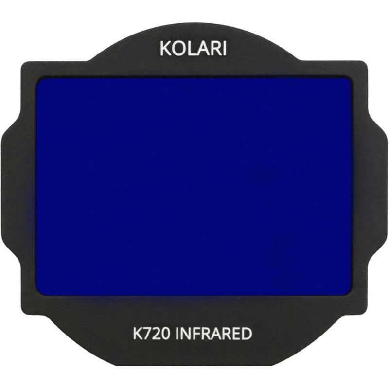 A rectangular Kolari K720 Infrared filter with a deep blue center and black frame, labeled "KOLARI" at the top and "K720 INFRARED" at the bottom.