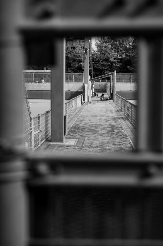 La imagen en blanco y negro muestra en primer plano una pasarela delimitada por barras de metal. A lo lejos, dos personas están sentadas en el suelo cerca de una valla, rodeadas de edificios y árboles de la ciudad.
